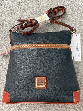 Dooney & Bourke Black Pebble Leather Crossbody with Brown Trim and Gold Hardware